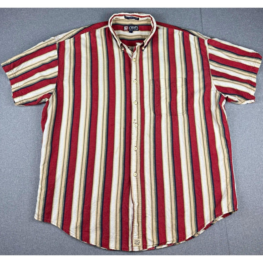 Chaps Ralph Lauren Mens XL Linen Cotton Shirt Red Striped Button Down Vintage
